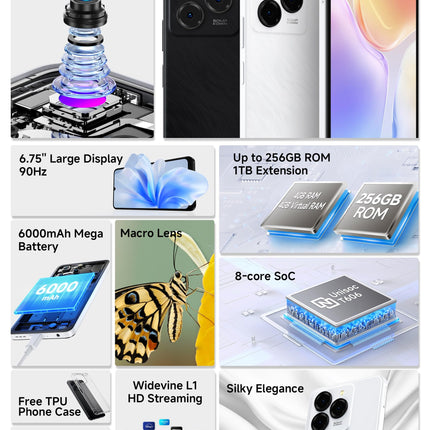 Ulefone Note 20 Pro mobiiltelefon Android 14, 8 GB RAM + 256 GB ROM / SD-1TB, 50MP + 8MP kaamera Octa Core 6.75" HD+ Widevine L1, 6000mAh aku, Dual SIM 4G nutitelefon ilma lepinguta Face ID/Sõrmejäljelugeja/GPS/OTG must