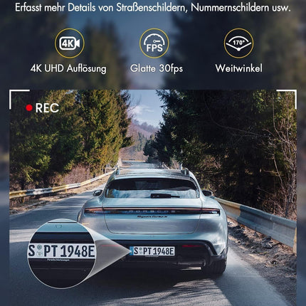 GKU autokaamera ees/taga 4K+1080P, 5 GHz WiFi autokaamera 64 GB SD-kaardiga, parkimismonitoriga, öönägemisega, WDR-iga, 170° lainurk, G-andur, tsükkelsalvestus, rakenduse juhtimine, max 256 GB