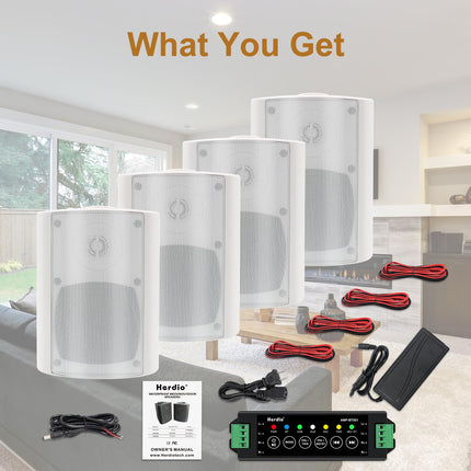 Herdio 4-tollised Bluetooth-kõlarid õue, 400 vatti, veekindlad, aeda, terrassile, restorani (2 paari/valged)