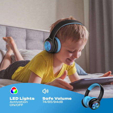 Laste Bluetooth-kõrvaklapid, PowerLocus laste juhtmevabad kõrvaklapid LED-tuledega, helitugevuse piirang 74/85/94dB, kokkupandav peakomplekt, HD-stereo, Micro SD, sisseehitatud mikrofon kooli/sülearvuti/mobiiltelefoni/teleri jaoks