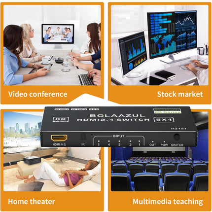 BolAAzuL 8K HDMI 2.1 lüliti 4K 120Hz, HDMI lüliti 5 sisendit 1 väljund 8K@60Hz 4K@120Hz 2K@144Hz, HDMI 2.1 jaotur 5-pordiga IR-puldiga, HDMI 5x1 HDR, 48GBPS, CEC, Dolby Vision Xbox PS5 arvutitele
