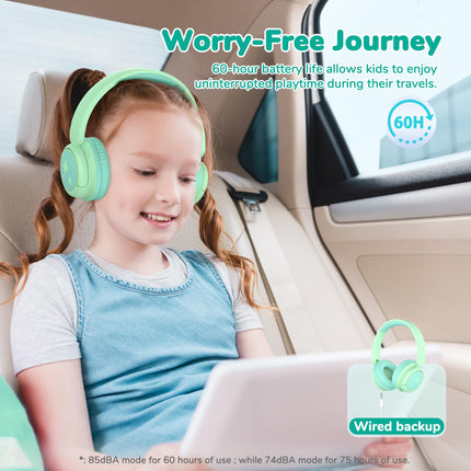 iClever Bluetooth headphones for kids, 60-hour battery life, 74/85 dBA volume limit, stereo sound, Type-C, Bluetooth 5.4, wireless over-ear children's headphones with microphone for tablet/travel