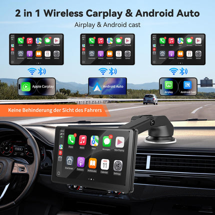Alpinetech 2025 Newest 9 inch Carplay Display &amp; Portable Android Auto Display, Car Play Display with Rear View Camera GPS Navigation Bluetooth Mirror Link AUX FM Siri, Buddy Display for All Vehicles