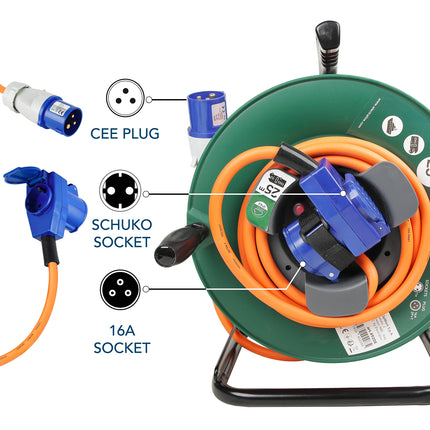 Electraline 49208 Cable reel Industrial Camping H07RN-F 3G2.5 25M cable - IP44 outdoor/Cable reel with rubber extension, with 2 sockets (Schuko + Industrial CEE), Green