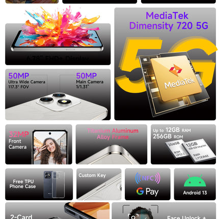 Ulefone Note 18 Ultra 5G nutitelefon, 12GB+256GB/SD-2TB mobiiltelefon ilma lepinguta 50MP+50MP+32MP kaamera 6.78" FHD+ 90Hz 5450mAh Android 13 mobiiltelefon 5G kahe SIM-kaardiga Face ID NFC 2-aastane garantii must