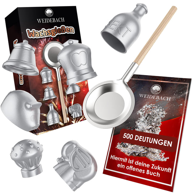 WEIDEBACH® Funny wax casting set, lead casting alternative including book with over 500 interpretations, non-toxic New Year's Eve wax casting set, interpret the future with wax casting New Year's Eve