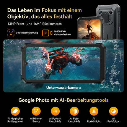 Blackview BV6200 Plus õuetelefon 11000mAh 24GB+256GB/2TB, Android 14 õuetelefon ilma lepinguta, 98DB kõlar, 6.56" 90Hz, IP69K veekindel, ehitusplatsi telefon, 16MP+13MP/kaks 4G/OTG/GPS/NFC