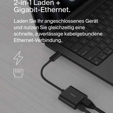 Belkini USB-C/Etherneti ja laadimisadapter (100W) gigabiti Etherneti ja USB-C pordiga – 10/100/1000 Mbps kiireks internetiühenduseks – ühildub iPhone 16, Samsung Galaxy S24 ja teistega.