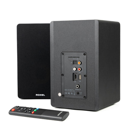 Roxel Soleil aktiivsed riiulikõlarid HiFi-le, subwooferi väljund, 2.0 stereoheli, juhtmevaba BT 5.3, optiline, RCA, USB, HDMI (ARC), sisseehitatud võimendi, reguleeritavad bassid/kõrged sagedused, 3-meetrine kõlarikaabel
