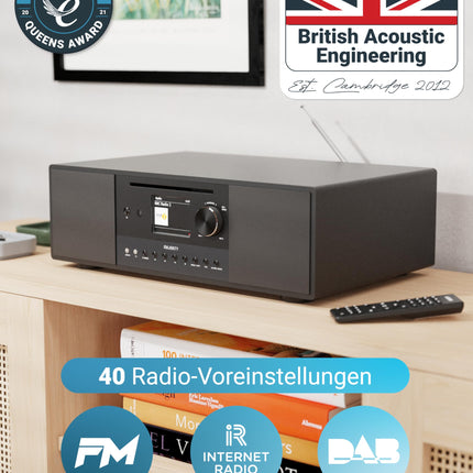 Internetiraadio CD-mängija ja Bluetoothiga | 120 W 2.1 stereo DAB-raadio sisseehitatud subwooferiga | WiFi-ühendusega internetiraadio Spotify Connecti, taskuhäälingusaadete ja FM-iga | Värviline ekraan | Majority Quadriga internetiraadio