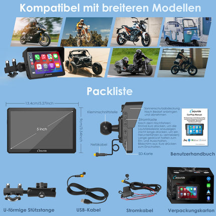 Carpuride W502 mootorratta Carplay ja Android Auto, IP67 veekindel kaasaskantav autostereo, 5-tolline IPS puuteekraan, navigatsioon/Siri mootorratastele