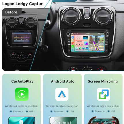 4G+64G 8-Core Podofo 7" Car Radio Bluetooth For Renault Dacia Duster Sandero Dokker Logan Lodgy Captur Carplay Android Auto,WiFi GPS Navi RDS/FM DSP,Android 13 Radio 2 din with AHD Rear View Camera