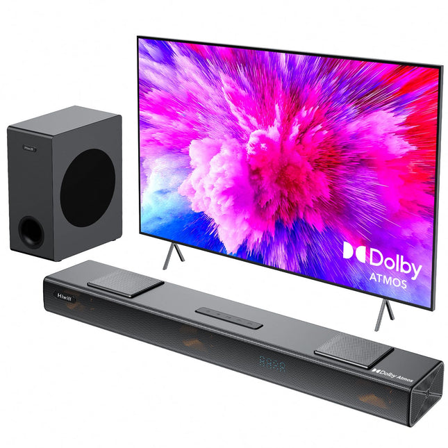 Hiwill 3.1.2-kanaliline Dolby Atmos heliriba teleri ruumilise heli jaoks, 5,25-tolline subwoofer, 2 üles suunatud, 2 küljele suunatud kõlarit, 400 W tippvõimsusega kodukino kõlarid, 3D-heliriba Bluetoothiga, eARC/ARC/Opt, Nimbus A312
