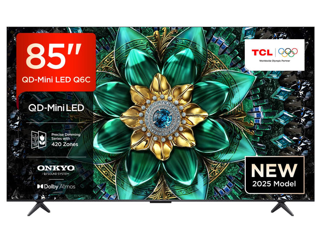 TCL 85Q6C 85-tolline QD-Mini LED-teler, 4K HDR Premium 1000 niti, nutiteler Google TV-ga (Dolby Vision IQ ja Atmos, Onkyo 2.1 helisüsteem, 144 Hz Motion Clarity Pro, Game Master)