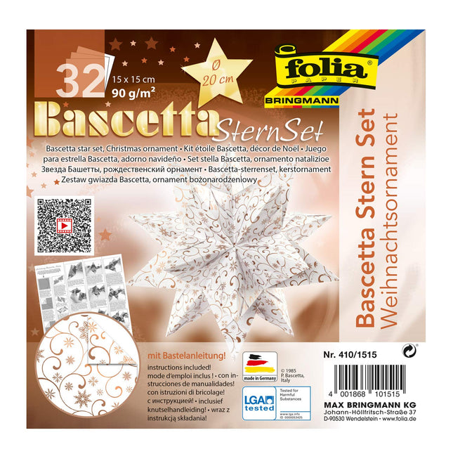 folia 410/1515 - Meisterdamiskomplekt Bascetta Star jõulukaunistus, valge/vask, 32 lehte, 15 x 15 cm, valmis paberist tähe suurus u. 20 cm, koos üksikasjalike juhistega - ideaalne ajatuks kaunistuseks