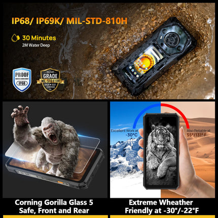 Ulefone Armor 30 Pro õues kasutatav nutitelefon 5G kahe ekraaniga, 32GB + 512GB / 2TB, 6,95" FHD+ 120Hz ja 3,4" lisaekraan, 12800mAh 66W, 50MP + 64MP öönägemisvõime + 32MP, Android 14, WiFi 6E/NFC/GPS/sõrmejäljelugeja/näotuvastusega