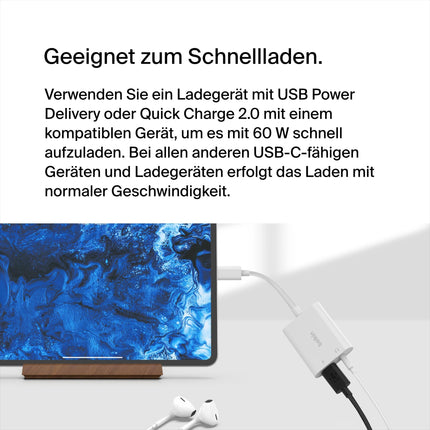 Belkin Rockstar™ 3.5 mm Audio + USB-C® Charging Adapter, Headphone Adapter, Fast Charging with USB-C Power Delivery, 60 W, for iPhone 15, iPad Pro, Galaxy, Note, Google Pixel, LG, Sony Xperia, and more, White