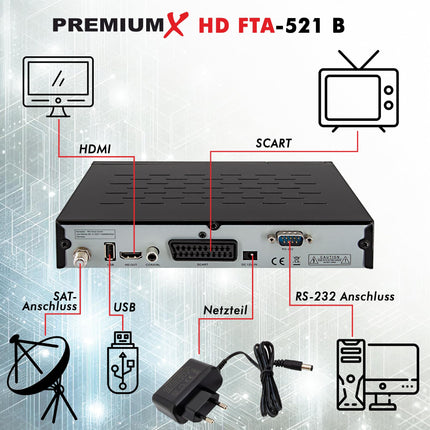 PremiumX satelliitvastuvõtja HD 521 B FTA digitaalne SAT-TV vastuvõtja DVB-S2 FullHD HDMI SCART 2X USB multimeediamängija, 12V väline toiteallikas