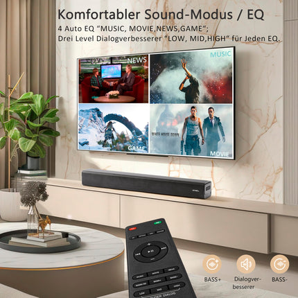 Heymell väike 60 cm 2.1-kanaliline Bluetooth-arvuti kõlar-soundbar teleriseadmetele, 120 W ruumilise heli, dialoogi võimendusega soundbar, arvuti, HDMI ARC optiline Aux, seinakinnitus.
