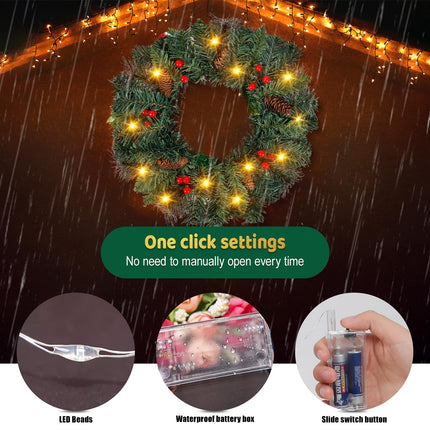Christmas wreath Advent wreath hanging with hook, 40CM door wreath Christmas outdoor decoration with lighting, artificial Christmas wreath front door