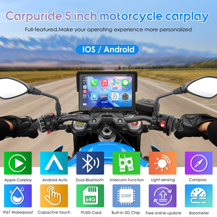 Carpuride W502PRO B BMW mootorrattale CarPlay ja Android Auto ning kahekordne Bluetooth, 5-tolline veekindel puuteekraan mootorrattale, muusika jagamine, intercom, valgussensor, kompass, baromeeter