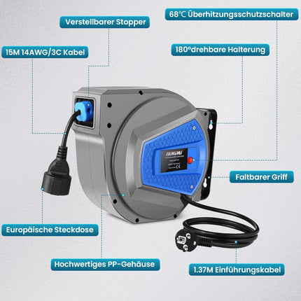 Himimi automaatne kaablirull 15m + 1m 1500W ~ 3000W kaablirull automaatne toiterull voolikurull, pikenduskaabel välisseinale kinnitatav, ülekoormuskaitse, seinale/lakke kinnitatav, 180° pööratav