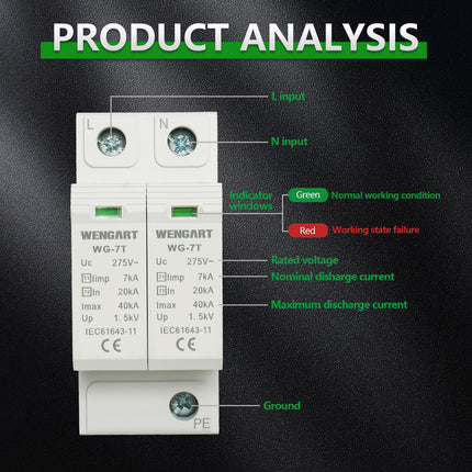 Wengart surge protection device WG-7T, T1+T2 level protection, 2P limp7kA 20-40kA AC275V, household surge protection, DIN rail mounting