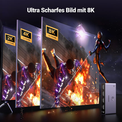 UGREEN HDMI 2.1 lüliti 8K@60Hz HDMI jaotur 3 sisendit 1 väljund HDMI lülituskonsool toetab VRR-i ja ALLM-i, Dolby Visioni, ühildub PS5, Xboxi, Apple TV ja DVD-mängijaga
