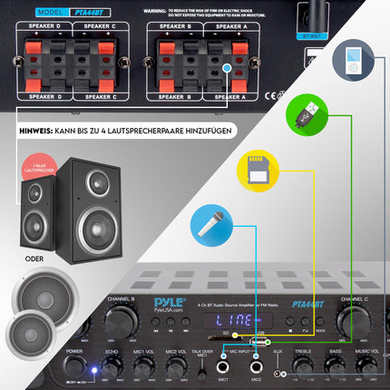 Pyle 500W Bluetooth Amplifier, Mini Amplifier, Amplifier, Stereo Receiver, 4 Channel AUX, FM Radio, RCA Subwoofer, USB, Mic Input with Echo, Audio Amplifier, Perfect for Home Theater &amp; Studio