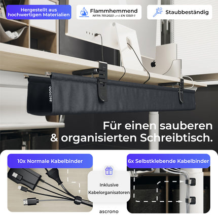 Ascrono CableCare lauaalune puurimisvaba kaablihaldusalus, 69,3 cm, lauakaablikorraldaja lauakaablite haldamiseks, klambri-/kruvkinnitus, kaablihoidik kuni 30 kg