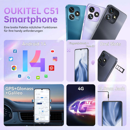 OUKITEL C51 nutitelefon, 18 GB (6+12) + 128 GB mobiiltelefon 6,8 tolli, Android 14 5150 mAh aku, 13 MP + 5 MP kaamera, näotuvastus ja sõrmejäljelugeja, GPS, kahe SIM-kaardiga 4G lukustamata mobiiltelefonid, sinine