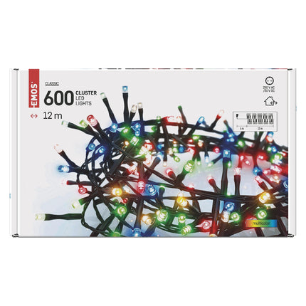 EMOS LED light chain multicolor for indoor and outdoor use, 12m long cluster Christmas light chain IP44 with 600 colorful LEDs + 5m cable and power supply, 6h timer function, for party, Christmas, decoration