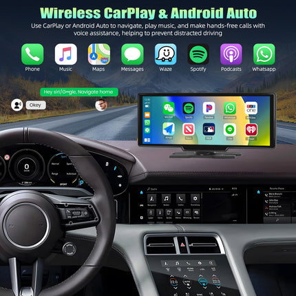 Portable Car Radio with Apple CarPlay and Android Auto Wireless, 10.4 Inch Touchscreen Car Media Player with Mirror Link, Bluetooth, FM, GPS, Wi-Fi, AUX Cable, 64GB TF Card, DC 7-33V