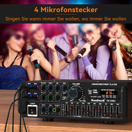 Areyourshop Hifi Amplifier Stereo PA Power Amplifier with Bluetooth 5.0 2000W Audio Receiver Karaoke FM USB SD AUX, Preamplifier Hifi 5-Band EQ Mixer, 4 Mics, Amplifier with Speakers, Tuner Hifi Stereo