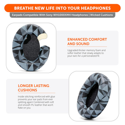 WC Wicked Cushions Extra Thick Ear Pads for Sony WH1000XM4 Headphones – Soft PU Leather, Luxurious Noise-Isolating Memory Foam, Works with Ear Sensor | Geo Grey