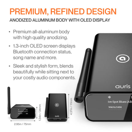 Auris Blume Pro Hi-Fi Bluetooth 5.3 Music Receiver - Bluetooth adapter with audiophile DAC, LDAC, AptX HD, OLED display, optical coaxial AUX output for home stereo, AV receiver or amplifier