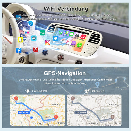 Autoraadio FIAT 500-le (2007-2015), 7-tolline IPS HD ekraan, juhtmevaba CarPlay ja Android Auto, GPS-navigatsioon, Wi-Fi, Bluetooth 5.2, tahavaatekaamera, hääljuhtimine, SWC ja FM-raadio