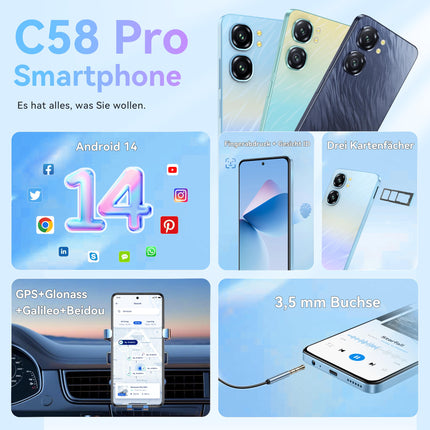 OUKITEL C58 Pro nutitelefon ilma lepinguta Android 14-24GB+256GB 50MP+8MP AI kaameraga mobiiltelefon ilma lepinguta 6,7-tolline 90Hz ekraan 5150mAh mobiiltelefon Soodne, NFC, GPS, kahe SIM-kaardiga 4G SIM-kaardi lukustuseta mobiiltelefonid