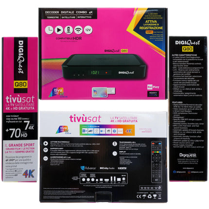 TiVuSat kaart 4K UHD + DIGIQuest Q80 satelliitvastuvõtja 4K H.265 S2+T2 HEVC digiboks, sertifitseeritud TiVuSat vastuvõtja kaardiga (AKTIVEERITUD), meediapleier, veebiraadio, 150 WiFi USB-mälupulk, HTS HDMI-kaabel