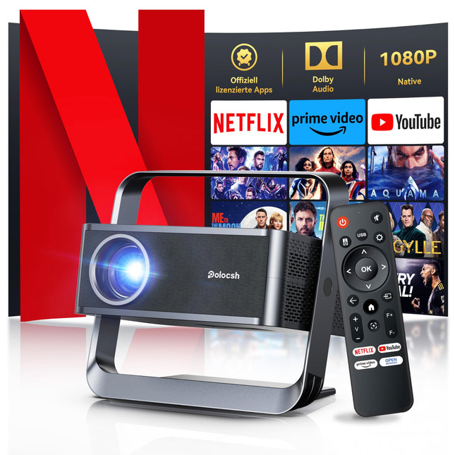 [Netflixi ametlik ja 1080P FHD] Polochshi projektor, 4K toega, 600 ANSI luumeniga, nutikas projektor automaatse trapetsikorrektsiooniga, elektriline fookus, WiFi 6, Bluetooth-projektor, kodukino, õues kasutatav miniprojektor