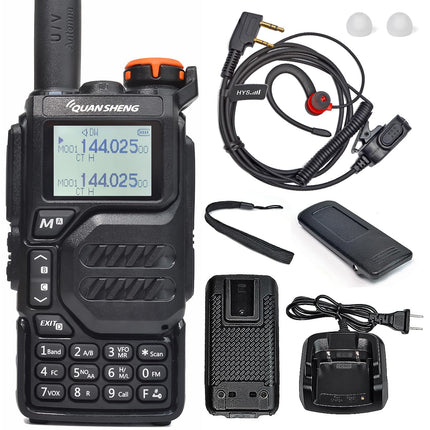HYS Quansheng UV-K5 5W VHF UHF raadiosaatja laadija laetavate akude raadio, kahe sagedusribaga kahesuunaline raadio (G-konksuga kõrvaklapid kerge kõrvatroppide lisatarvikuga)
