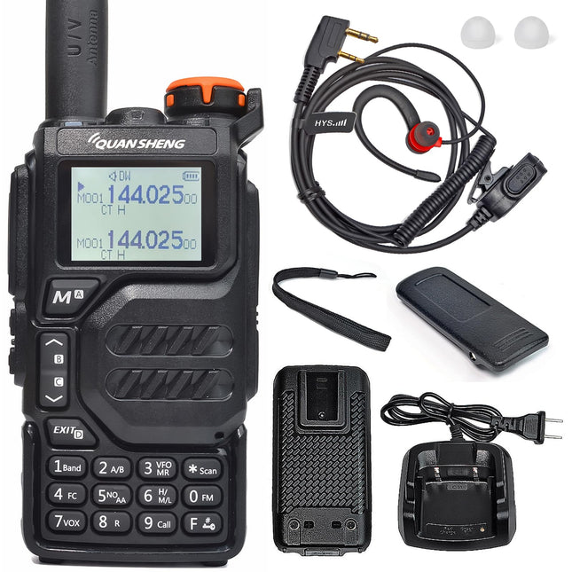 HYS Quansheng UV-K5 5W VHF UHF raadiosaatja laadija laetavate akude raadio, kahe sagedusribaga kahesuunaline raadio (G-konksuga kõrvaklapid kerge kõrvatroppide lisatarvikuga)