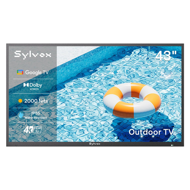 SYLVOX 43-tolline õue nutiteler, 4K UHD 2000 nitti HDR10, Google TV, IP55 veekindel, HBBTV, Wi-Fi, DVB-T2/S2/C ja PAL, õueteler aeda, terrassile ja ettevõtetele (Pool Pro 2.0)