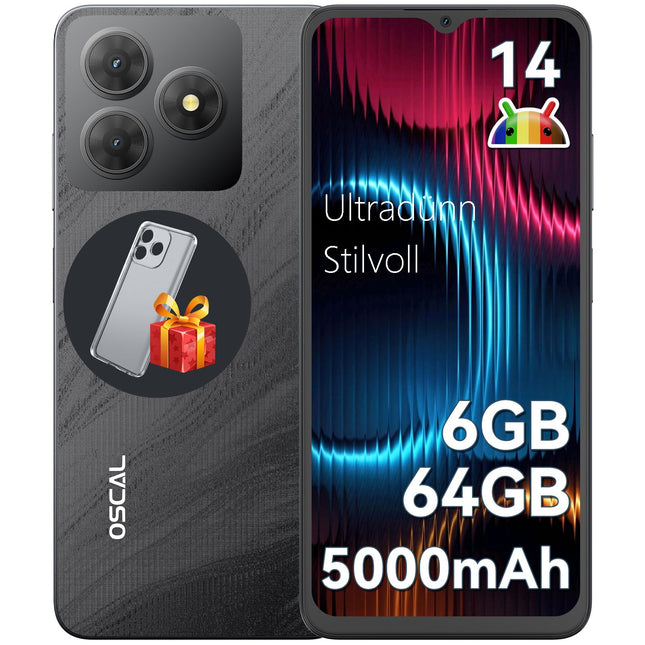 OSCAL Flat 2C mobiiltelefon ilma lepinguta Android 14, 6GB+64GB/2TB TF, kaheksatuumaline 6,56" HD+ ekraan, 5000mAh aku, 13MP+8MP kaamera, 4G kahe SIM-kaardiga nutitelefon ilma lepinguta, soodne SIM-lukuta mobiiltelefonid, GPS/2-aastane garantii