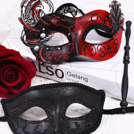 SIQUK paar maskeraadimaski pulgaga Veneetsia peomask Halloweeni kostüümi karnevalimask paaridele, naistele ja meestele, luik must ja punane, üks suurus