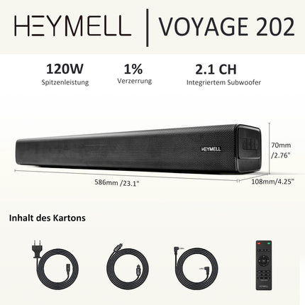 Heymell väike 60 cm 2.1-kanaliline Bluetooth-arvuti kõlar-soundbar teleriseadmetele, 120 W ruumilise heli, dialoogi võimendusega soundbar, arvuti, HDMI ARC optiline Aux, seinakinnitus.