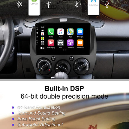SXAUTO Android 14-6G+128G - IPS autoraadio sobib Mazda 2-le (2007-2012) - sisseehitatud Carplay/Android Auto/DSP - LED-kaamera + mikrofon - DAB roolil juhtimine kiire käivitusega 360-kaamera WiFi AHD - 2 DIN 9-tolline