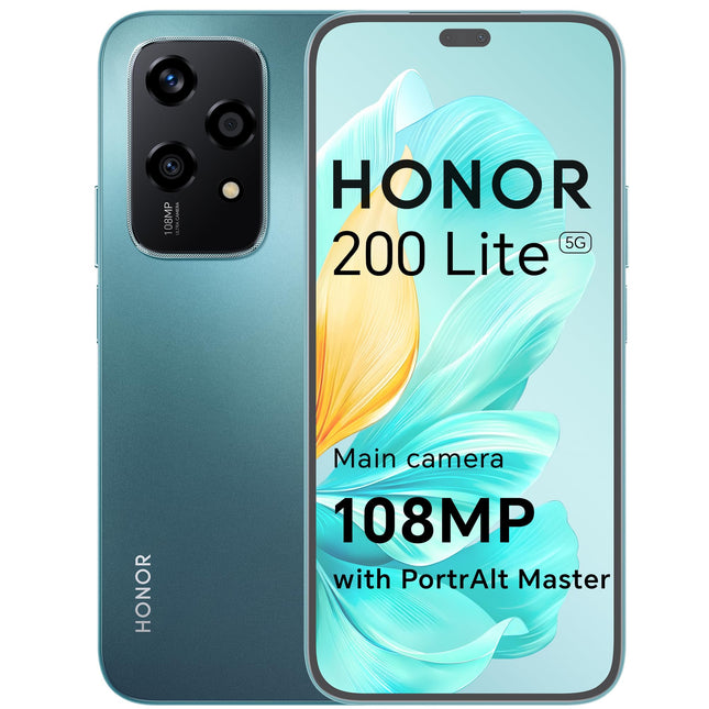 HONOR 200 Lite nutitelefon 5G, kahe SIM-kaardiga NFC Android-mobiiltelefonid ilma lepinguta (256G/8GB RAM, 6,7-tolline AMOLED Eye-Care ekraan, 4500 mAh, 108MP+50MP, Magic Capsule) Cyan Lake