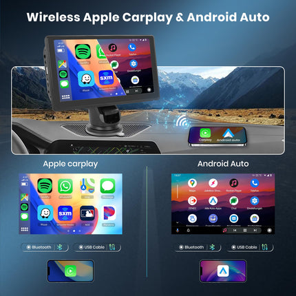 Wireless Apple Carplay Android Auto Portable Car Stereo with Rear Camera 7 Inch Touchscreen Car Radio with Apple Airplay/Android Cast/Dual Bluetooth/FM Transmitter/Voice Control/Siri/GPS/TF/AUX/USB/EQ