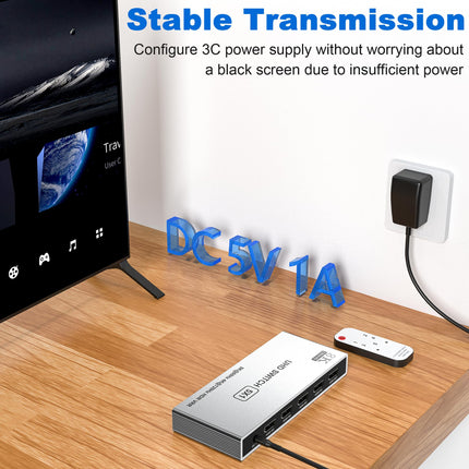 HDMI-lüliti HDMI-jaotur 8K 60Hz/4K 120Hz, alumiiniumist HDMI 2.1 lüliti 5 sisse 1 väljundiga HDMI-jaotur IR-puldiga, HDMI-lüliti toetab 3D HDR10 HDCP2.3 VRR 48Gbps teleri, PS5, Xboxi, Blu-Ray jaoks